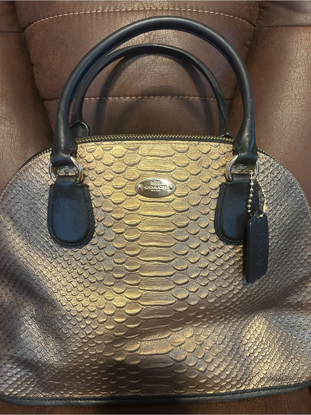 Coach Metallic Gold Textured Dome Satchel with Black Handles
